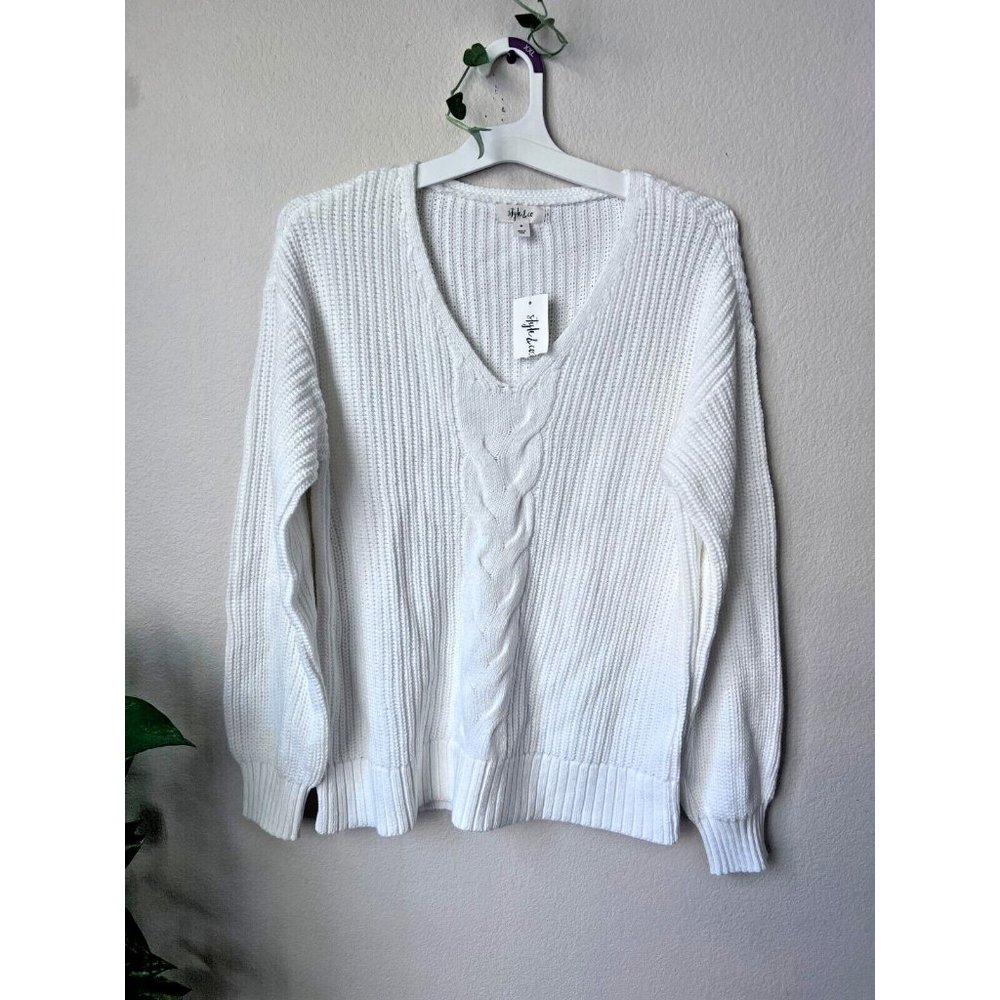 🌸 Style&Co. Womens L Sweater White /Ivory Cable Knit V-Neck Top